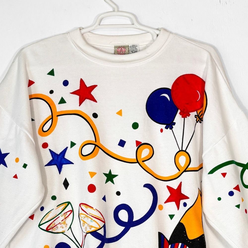 VTG 90s American Weekend Woman White Party Confetti Sweatshirt 2X Dopamine
